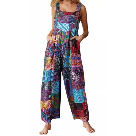 NEW Himosyber Patchwork Print Overalls Lightweight XL Women Boho Hippie Festival - Picture 1 of 16